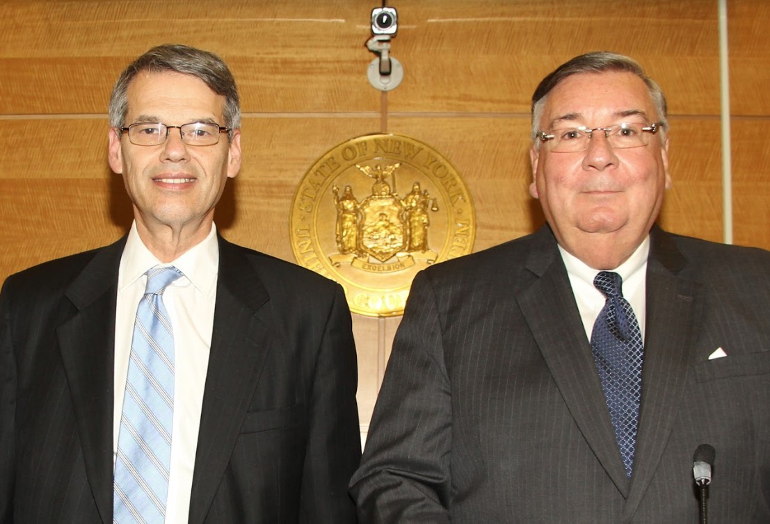The administrative judges of the Brooklyn Supreme Court: Hon. Lawrence Knipel (left), civil term, and Hon. Matthew D’Emic, criminal term.