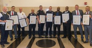 The hero court officers and clerks who helped evacuate the Brooklyn Criminal Court during a fire in May 2017 was honored yesterday. Pictured from left: John Harte, Thomas Cirola, Joseph Scafidi, Edward Rossiello, Thomas Hickey, Anthony Morgan, Darien Wagner, Shaqwan Gardner, Borough Chief Clerk Kenneth Fay and First Deputy Chief Clerk Antonio Diaz. Eagle file photos by Rob Abruzzese