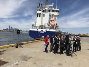 Officials, including Economic Development Corporation President James Patchett (at the microphone) say the new port will be a boon to Sunset Park and the entire city.