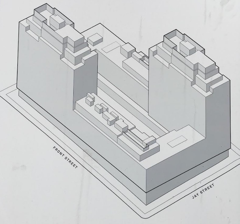 This schematic drawing can be found on the construction fence at 85 Jay St.