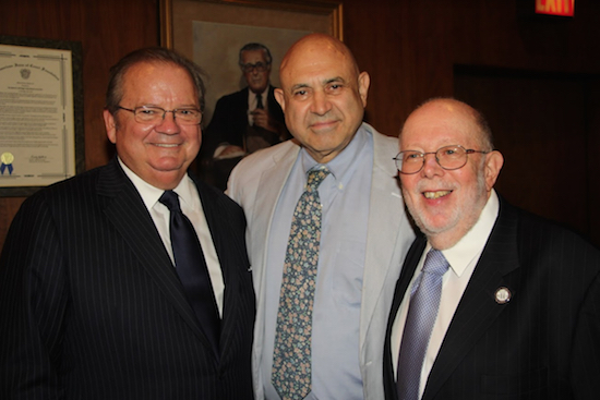 Brooklyn Law School Dean and President Nicholas Allard was honored during a reception hosted by the Brooklyn Bar Association. Dean Allard is pictured (left) with Hon. John M. Leventhal (center) and BBA President David Chidekel. Eagle photos by Mario Belluomo