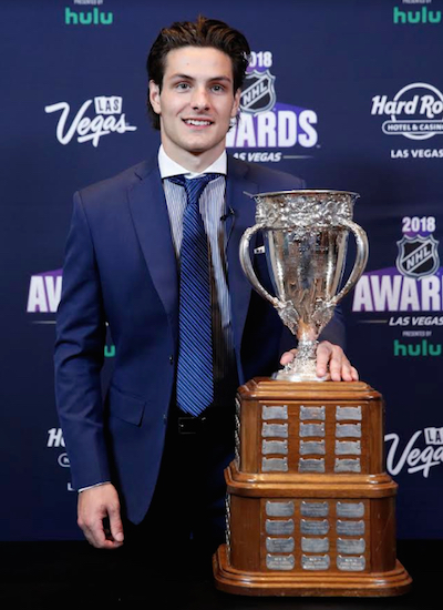 Mathew Barzal became the fifth Islander to be named the NHL’s top rookie Wednesday night in Las Vegas after receiving the Calder Trophy. AP Photo by John Locher