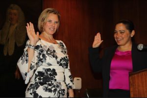 Carrie Anne Cavallo (left) was sworn in as the president of the Brooklyn Women’s Bar Association by Hon. Joanne D. Quinones during the annual installation of officers and directors. Eagle photos by Mario Belluomo