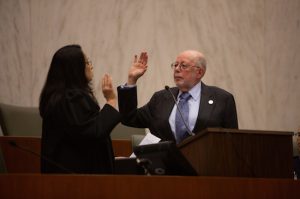 David Chidekel is sworn in as the new president of the Brooklyn Bar Association at the federal courthouse in Downtown Brooklyn by Hon. Dora Irizarry, chief judge of the Eastern District of New York. Eagle photo by Clarissa Sosin
