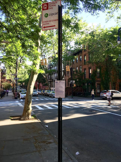 These two tempting parking spaces on Clinton Street at Warren Street are vacant in anticipation of the upcoming car-share pilot program. But Cobble Hill drivers are already getting tickets and fines for parking here even though the program hasn’t rolled out yet. Eagle photos by Mary Frost