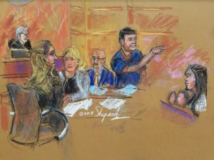 Joaquin Guzman Loera, better known as "El Chapo," stood next to defense attorney Eduardo Balarezo when he appeared in Brooklyn federal court on Tuesday in front of Judge Brian M. Cogan while his wife Emma Coronel Aispuro and their two daughters look on. Court sketch by Shirley and Andrea Shepard
