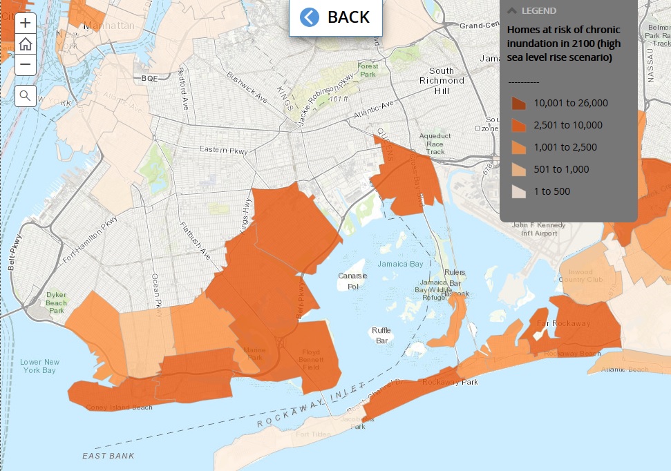 This map shows the areas of Brooklyn likely to be hit by regular flooding by the year 2100 if measures advocated in the Paris Agreement aren’t carried out. Map courtesy of the Union of Concerned Scientists