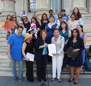 Members of Lawyer Moms of America took to the steps of Brooklyn Borough Hall on Friday to call for an end to the Trump administration’s family detention policies. Shown: Front row from left: (with hat) Anne Swern, District Leader 52 Assembly District; Assemblymember Jo Anne Simon, Rep. Nydia Velázquez and human rights lawyer Payal Shaw. Eagle photo by Mary Frost