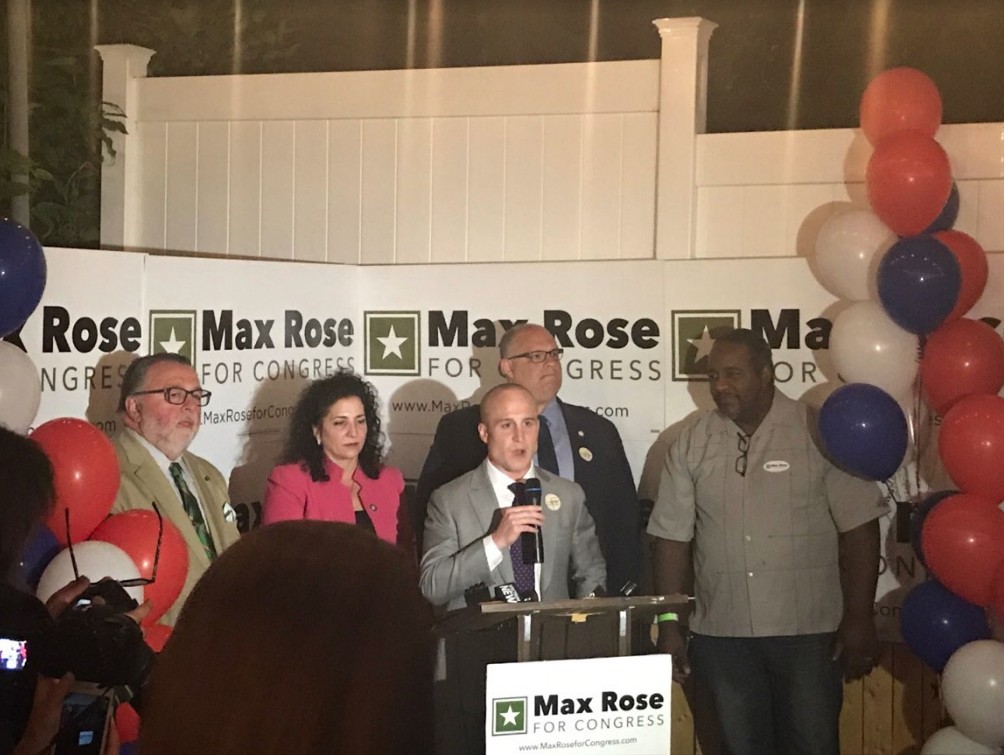 Max Rose accepting the Democratic nomination to run against Dan Donovan for Congress in November. Photo by Meaghan McGoldrick