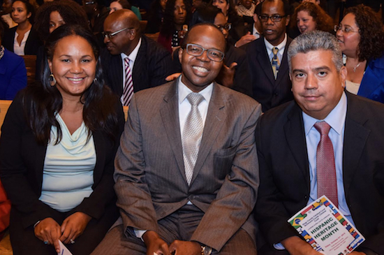 Once head of the Immigrant Fraud Unit under former DA Ken Thompson (center), Maritza Mejia-Ming (left) will now become No. 2 in the office under DA Eric Gonzalez (right). Eagle file photo by Rob Abruzzese