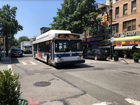 The B63 bus travels north on Fifth Avenue near 74th Street. There would be more funding for buses and subways if the state stopped diverting funds away from the MTA, lawmakers said. Eagle photo by Paula Katinas