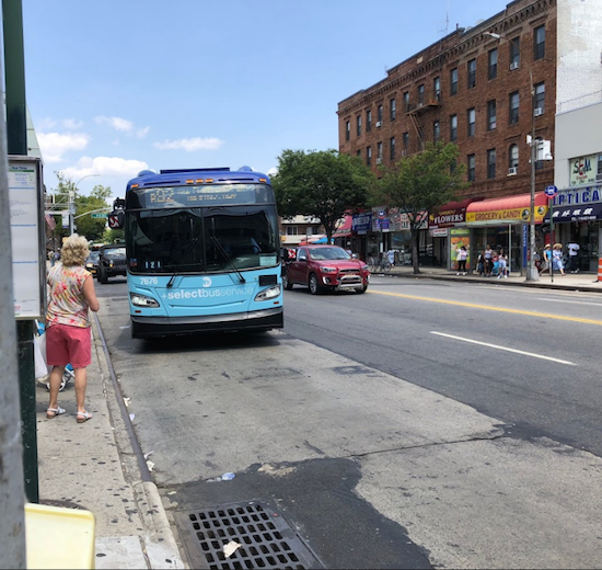 The B82 bus arrives at Bay Parkway and 86th Street. Changes the MTA is considering for the bus line have raised concerns in Bensonhurst. Eagle photo by Paula Katinas