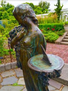 A bronze sculpture by Harriet Whitney Frishmuth welcomes visitors to Cranford Rose Garden in Brooklyn Botanic Garden. Eagle photos by Lore Croghan