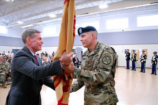 Vincent Grewatz, director of IMCOM at change of command ceremony with incoming base commander Col. Andrew S. Zieseniss. Photos by Arthur De Gaeta