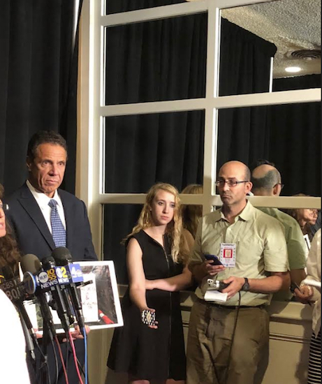 Gov. Andrew Cuomo, shown at a press conference after his speech, warned that legislative action is necessary if women in New York State want to keep access to abortion. Eagle photo by Paula Katinas
