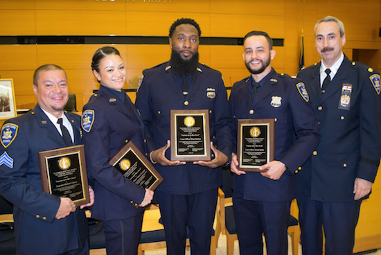 Court officers from Part 5 in the Kings County Supreme Court were named as the 2018 Court Officers of the Year during a ceremony at the courthouse on Thursday. Pictured from left: Sgt. Michael Garcia, Tanya Vasquez, Brian Bishop and Dave Smith with Maj. Michael Losi, who presented them with the awards. Eagle photos by Rob Abruzzese