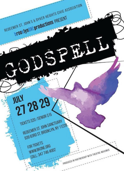 The poster promoting brooklynONE’s production of “Godspell” features the image of a dove. Image courtesy of Fran Vella-Marrone