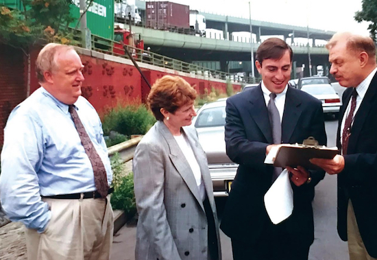 A young Vito Fossella (second from right) signs a Gowanus Tunnel petition under the watchful eye of Regional Plan Association Senior Director Al Appleton and activists Jo Anne Simon and Charles Otey (left to right). ​Photo courtesy of Charles Otey
