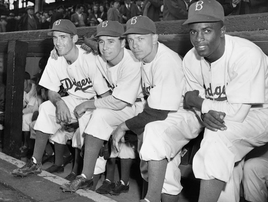 Brooklyn Dodgers shortstop Pee Wee Reese, second from left in this 1947 photo, lived in Bay Ridge. Other starting infielders that year were (from right) Jackie Robinson, Ed Stanky and John Jorgensen. AP Photo