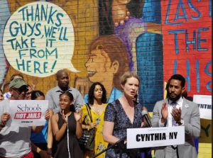 Actress-activist Cynthia Nixon accepts an endorsement from Councilmember Antonio Reynoso in Williamsburg. Photo courtesy of Cynthia for New York