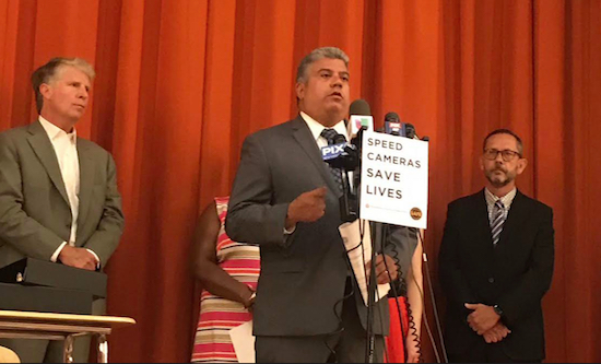 Brooklyn District Attorney Eric Gonzalez joined prosecutors from three other boroughs and street safety advocates to call upon Albany lawmakers to reinstate “life-saving” speed cameras in New York City. Photo courtesy of the Brooklyn DA’s Office
