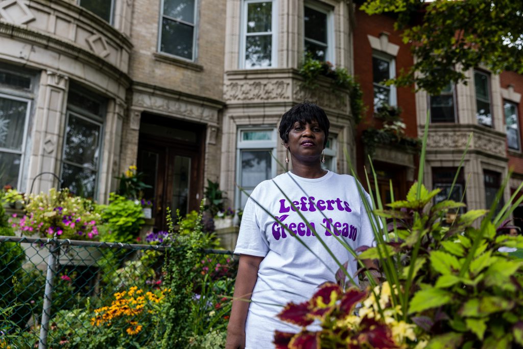 A participant poses in 2018 for The Greenest Block in Brooklyn contest. Photo: Paul Frangipane/Brooklyn Eagle