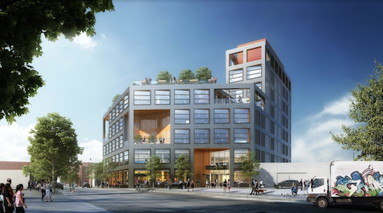 A new seven-story boutique office building in Greenpoint will help alleviate the dearth of Class A office space for small businesses in an area booming with residential development, dining and nightlife options. Renderings courtesy of FXCollaborative/Bezier