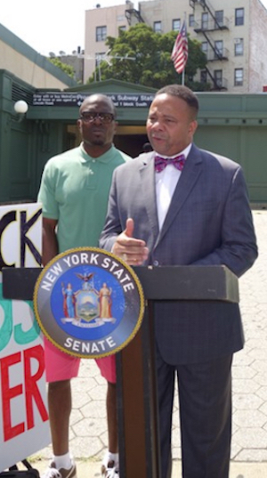 State Sen. Jesse Hamilton (at podium) says recent 911 calls reporting African-Americans “are acts of intimidation.” Photo courtesy of State Sen. Jesse Hamilton’s campaign