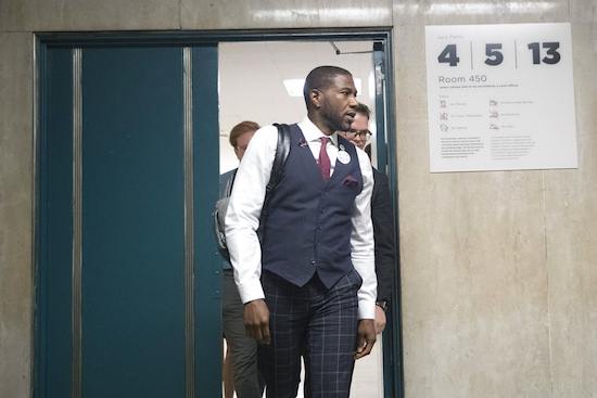 New York City Council member Jumaane Williams leaves to the courtroom, Tuesday, July 31, 2018, in New York, during a break in the jury selection portion of his trial on charges related to his arrest at an immigration protest. Williams is mounting an insurgent campaign for lieutenant governor against an incumbent fellow Democrat. AP Photo/Mary Altaffer