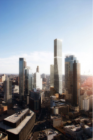 The tallest building in this rendering is a supertall skyscraper that's part of the proposed 80 Flatbush development. Rendering by Alloy Development/Luxigon