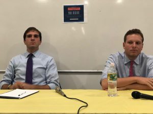 Democrats Andrew Gounardes (left) and Ross Barkan each sought to portray himself as the true grassroots candidate in the primary race as they debated in Bensonhurst on Aug. 28. Eagle photo by Paula Katinas