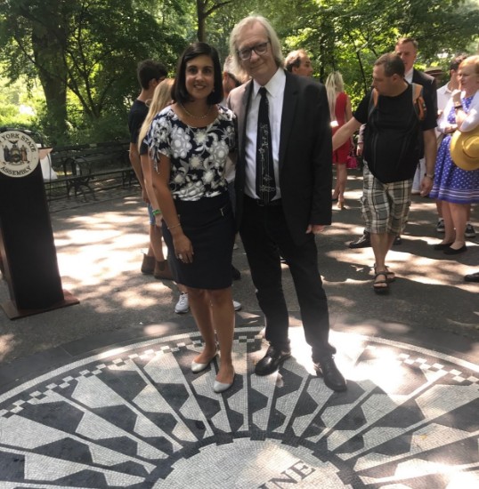 Assemblymember Nicole Malliotakis expressed relief that the parole board decided to keep Mark David Chapman behind bars. At right is radio host Jim Kerr, who helped organize a rally at Strawberry Fields. Photo courtesy of Nicole Malliotakis’ office