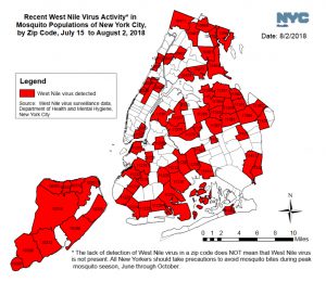 West Nile virus has been detected in mosquitoes in these New York City ZIP codes as of Aug. 2. The city will begin spraying in some of these areas Wednesday night. Map courtesy of the NYC Department of Health.