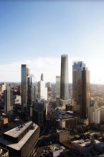 The tower across from the Williamsburgh Savings Bank clocktower is part of the newly redesigned 80 Flatbush project. Rendering by Alloy Development/ Luxigon