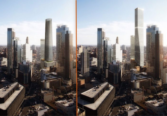 A view the 80 Flatbush project, looking south, shows the larger tower will be shorter, with a broader base, as shown in the new rendering at left, versus the previous version at right. Renderings courtesy of Alloy Development and Luxigon