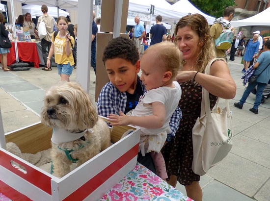 Therapy dog Little Dude, the star of Cara Zelas’ “Big World of Little Dude” delighted children at the Brooklyn Book Festival’s Children’s Day event at MetroTech in Downtown Brooklyn on Saturday. Shown: Simon Pizarro, 8, holds his little cousin Johannah Eder, 2, while she pets Little Dude. Mom Meghan LeBorious watches the action. Eagle photo by Mary Frost
