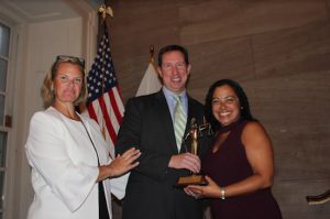 The Brooklyn Women’s Bar Association, its President Carrie Anne Cavallo (left) and John Coffey (center) presented Hon. Joanne Quinones (right) with the Amy Wren Award for her contributions to the legal community and Brooklyn during its annual Membership Party. Eagle photos by Mario Belluomo
