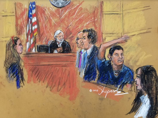 A sketch of court from Thursday's appearance depicts Assistant U.S. Attorneys Andrea Goldberg and Eduardo Balarezo speaking with Justice Brian M. Cogan as Joaquin "El Chapo" Guzman Loera waves to his wife Emma Coronel Aispuro. Sketch by Shirley and Andrea Shepard