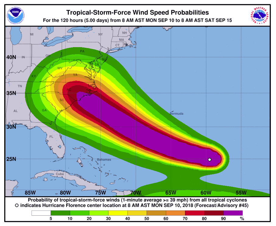 Hurricane Florence is projected to make landfall in the Carolinas Late Thursday or early Friday, according to projections by NOAA on Monday. Map and data courtesy of NOAA.