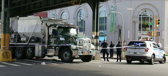 The scene where, on Thursday, an 87-year-old man was struck and killed by a Mack truck. Photo by Loudlabs News NYC
