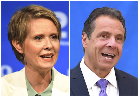 In this combination of file photos, New York gubernatorial candidate Cynthia Nixon, left, speaks during a Democratic primary debate in Hempstead, N.Y., on Aug. 29, 2018, and Gov. Andrew Cuomo speaks at a press conference in New York on July 18, 2018. Cuomo defeated Nixon on Thursday. J. Conrad Williams Jr./Newsday Pool, and Evan Agostini/Invision, File
