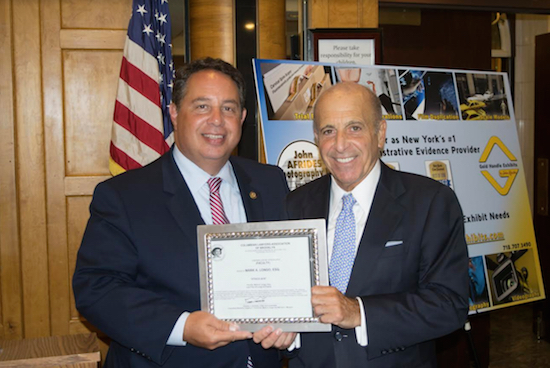 The Columbian Lawyers Association of Brooklyn held its first monthly meeting under new president Joseph Rosato (left) where past president Mark A. Longo presented a continuing legal education seminar on legal ethics. Eagle photo by Rob Abruzzese