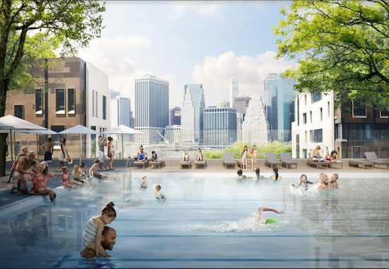 Brooklyn Bridge Park wants residents to help design a permanent pool at Squibb Park, which sits just above Brooklyn Bridge Park in Brooklyn Heights. Community meetings will be held on Sept. 12 and 16. This rendering is a general representation of the proposed pool. Rendering courtesy of Brooklyn Bridge Park
