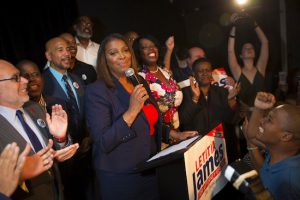Letitia James delivers a victory speech after winning the primary election for attorney general Thursday in Brooklyn. The 59-year-old was an early favorite in the race after getting endorsements from Gov. Andrew Cuomo and other top Democrats. AP Photo/Kevin Hagen