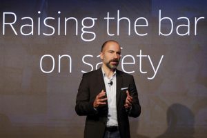 Uber CEO Dara Khosrowshahi speaks during the company's unveiling of the new features in New York on Wednesday. Uber is aiming to boost driver and passenger safety in an effort to rebuild trust in the brand. AP Photo/Richard Drew