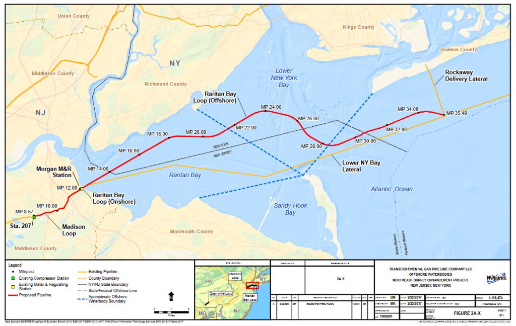 The proposed $1 billion natural gas pipeline that would cut across 23 miles of lower New York Bay has raised environmental concerns, but the Williams Company says the city is growing and needs the gas. Map courtesy of the Williams Company