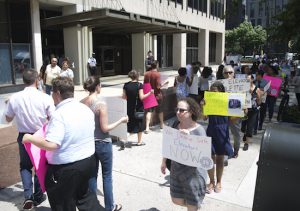 The Legal Services Staff Association and the Association of Legal Aid Attorneys are planning to protest Judge Brett Kavanaugh's potential appointment to the U.S. Supreme Court with a walkout on Wednesday. Pictured here are members of the Legal Aid Society in Brooklyn protesting their building's conditions this past August. Eagle file photo by Rob Abruzzese