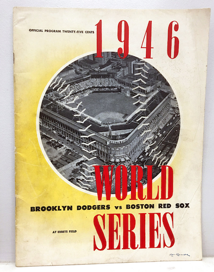 This photo provided by Jordan Sprechman shows a program printed in advance, in anticipation of a 1946 World Series matchup between the Boston Red Sox and the Brooklyn Dodgers at Ebbets Field. But there was no World Series that October in Brooklyn. Instead, Brooklyn lost a best-of-three playoff to St. Louis for the National League pennant. Instead of being sold at Ebbets Field, these programs became a long-lost souvenir of a phantom World Series that never was. Jordan Sprechman via AP