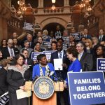 In this file photo, Senate Democratic Conference Leader Andrea Stewart-Cousins, D-Yonkers, stands behind the podium flanked by members of the New York Assembly Democratic Conference calling for an immediate end to the Trump White House policy of family separation for migrants crossing the US-Mexico border. New York Democrats are hoping a 'blue wave' during the upcoming election will help them take control of the state Senate, the last GOP bastion in Albany. AP Photo/Hans Pennink, File