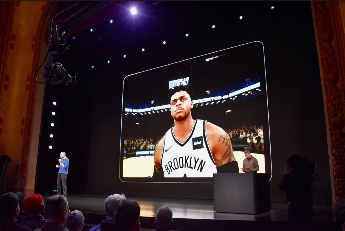 Demonstrating the high-def display of the new iPad Pro, video-game makers showed a closeup of Nets star D’Angelo Russell